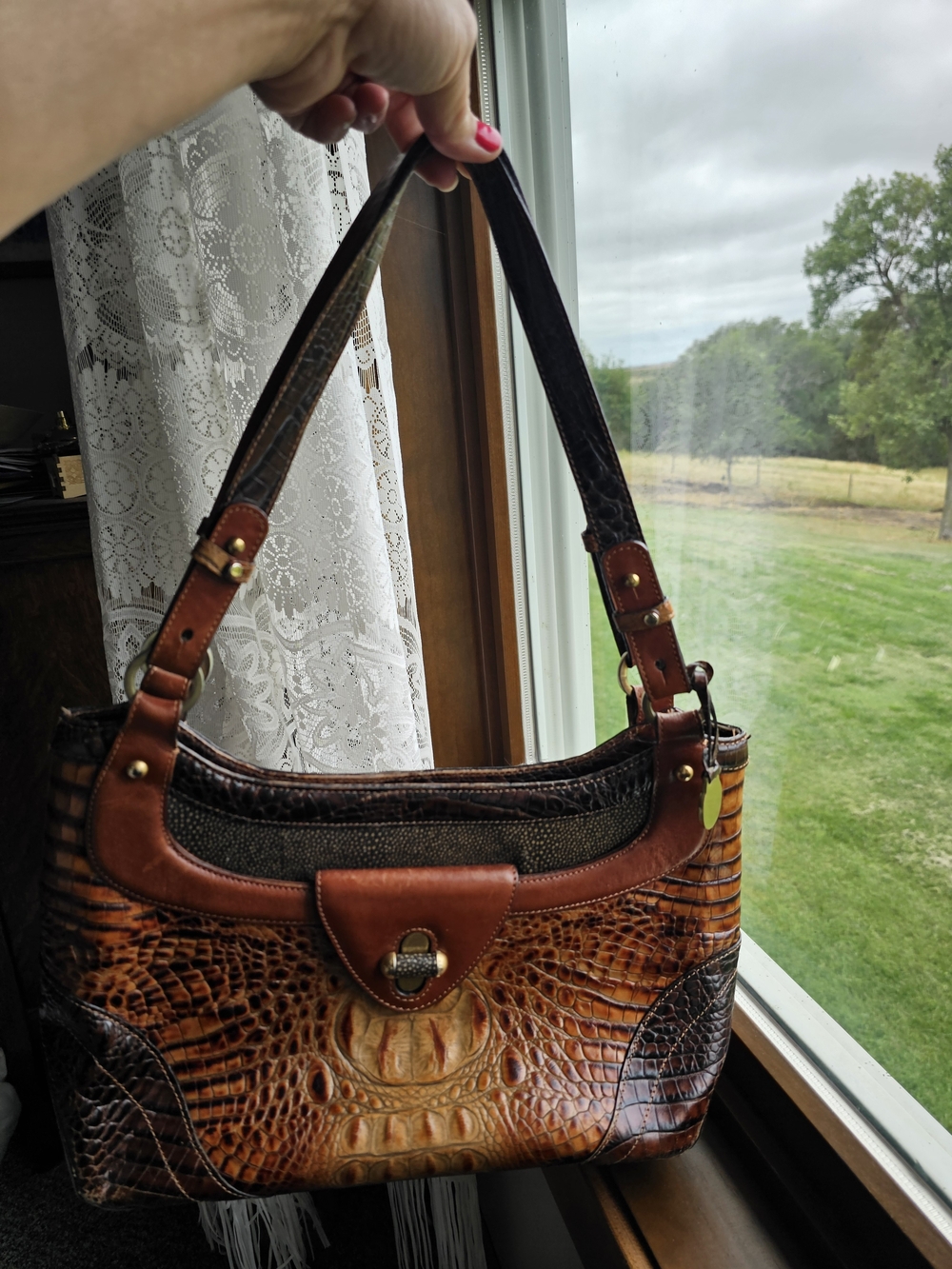 Brahmin Brown Croc-Embossed Leather Shoulder Bag - Picture 2 of 9